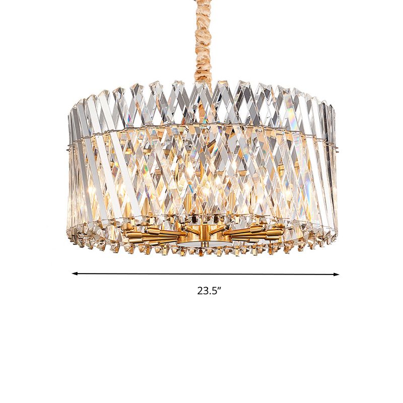 Tri-Sided Crystal Rod Drum Ceiling Light Contemporary 10 Heads Chandelier Light Fixture