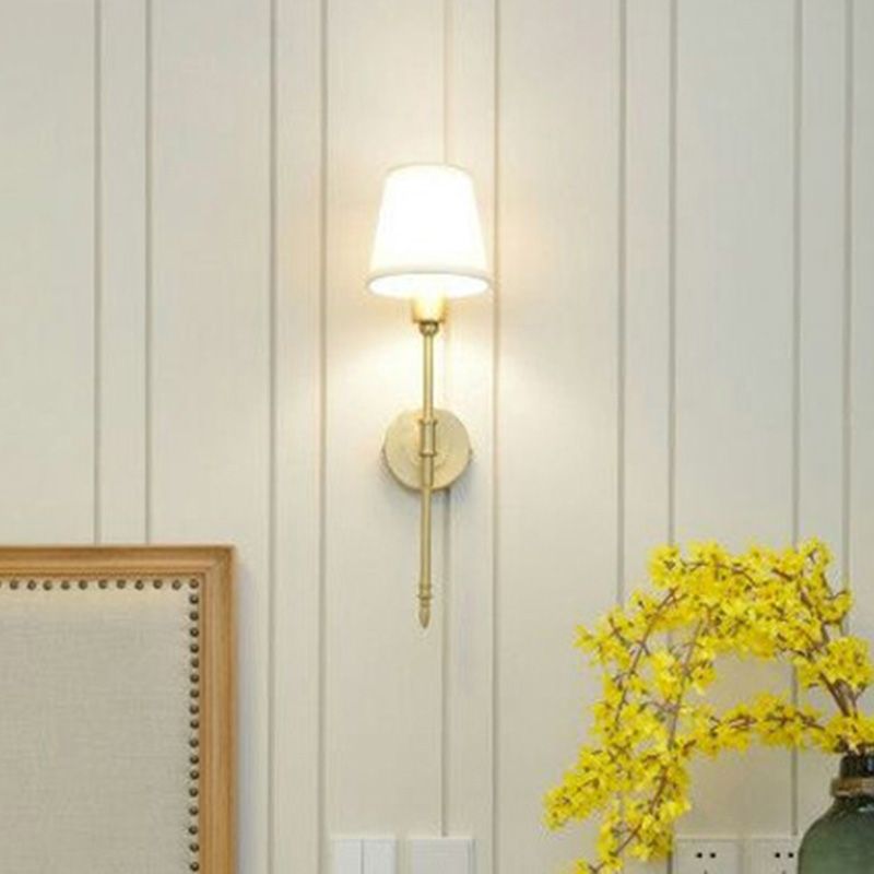 Fabric Empire Shade Wall Lighting Fixture Simplicity Bedroom Wall Sconce Lamp with Elongated Arm in Gold