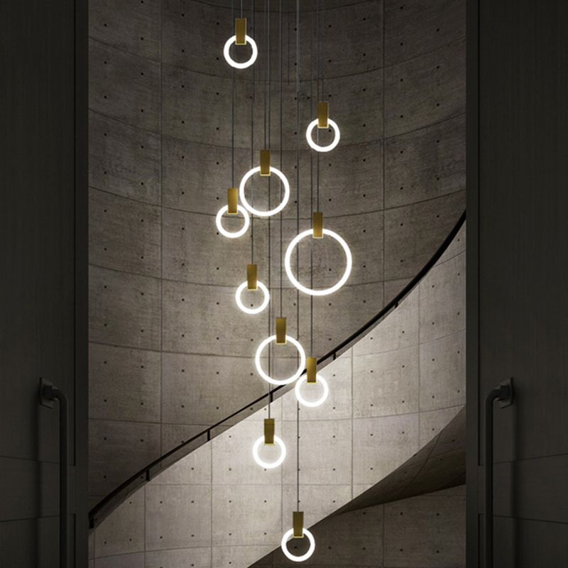 Rings Acrylic Cluster Pendant Light Simple 10 Heads Living Room Hanging Ceiling Lamp in White, Round/Linear Canopy