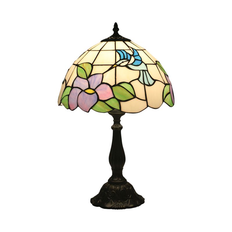 Bird et fleur léger 1 tête en vitrail Baroque Table Lampe en bronze avec ombre de bol