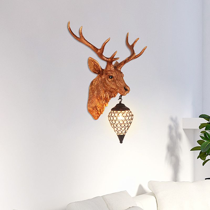 Teardrop Beveled Crystal Wall Lighting Country 15"/20.5"/24.5" Wide 1 Head Bedroom Sconce Lamp with Deer Head in White/Yellow/Gold