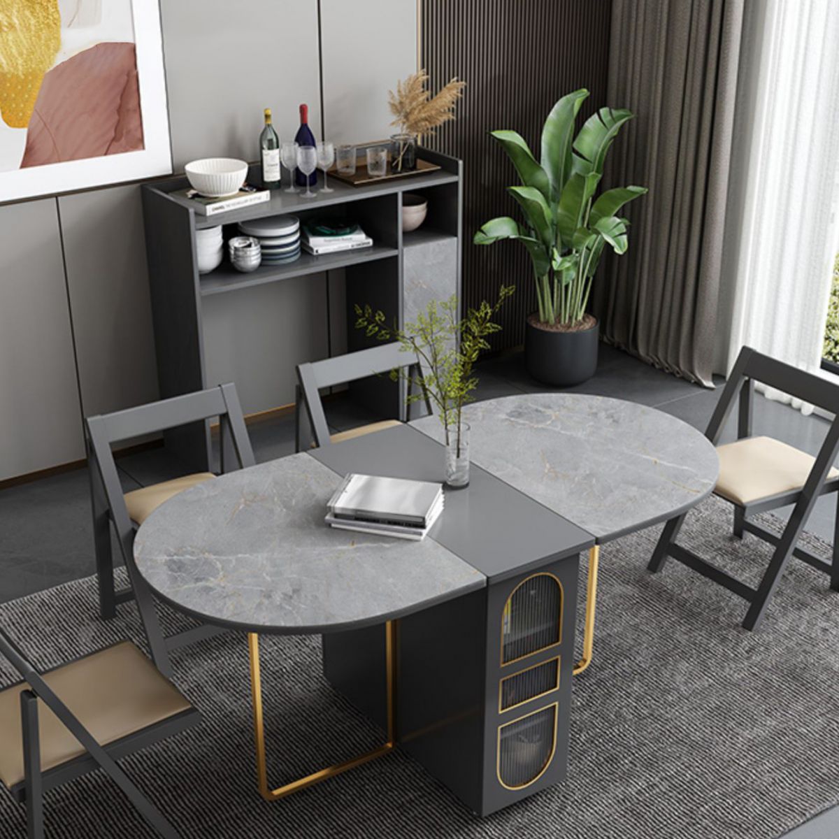 59''L Minimalist Folding Kitchen Dining Table Oval Dining Table with Pedestal Base