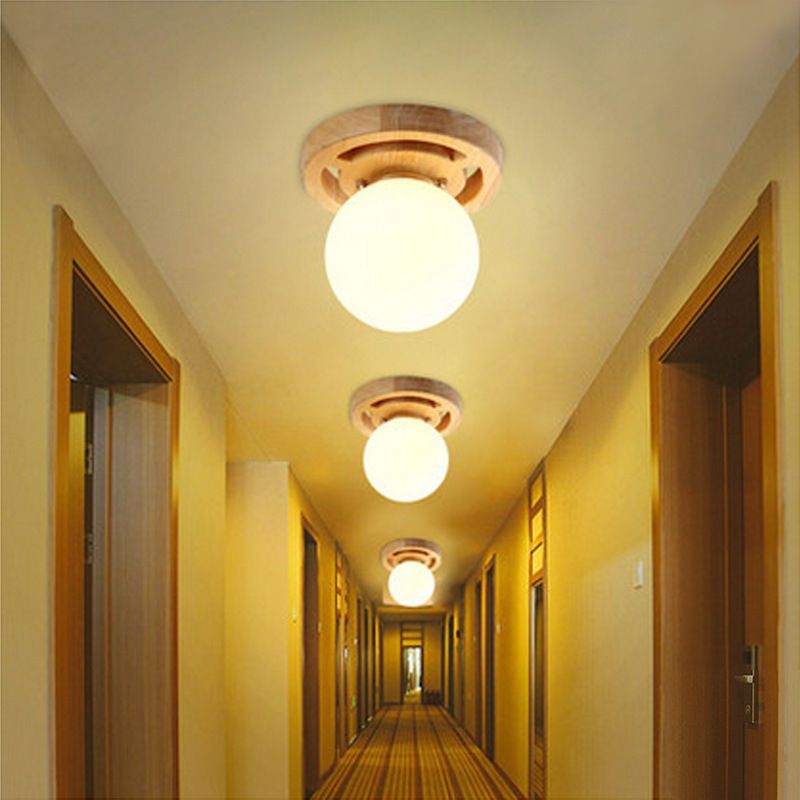 Melkachtige Glas Dome Flush Licht Eenvoud Houten Plafond Mount Verlichting voor Woonkamer