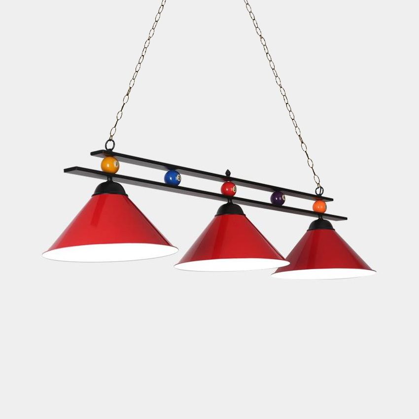 Conical Metallic Billiard Light Factory 3-Head Indoor Island Lighting Fixture in Black/Red/Blue