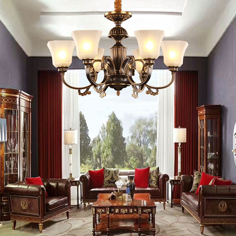 6 lumières Bell Sanging Chandelier traditionnel noir et or blanc givré en verre givré