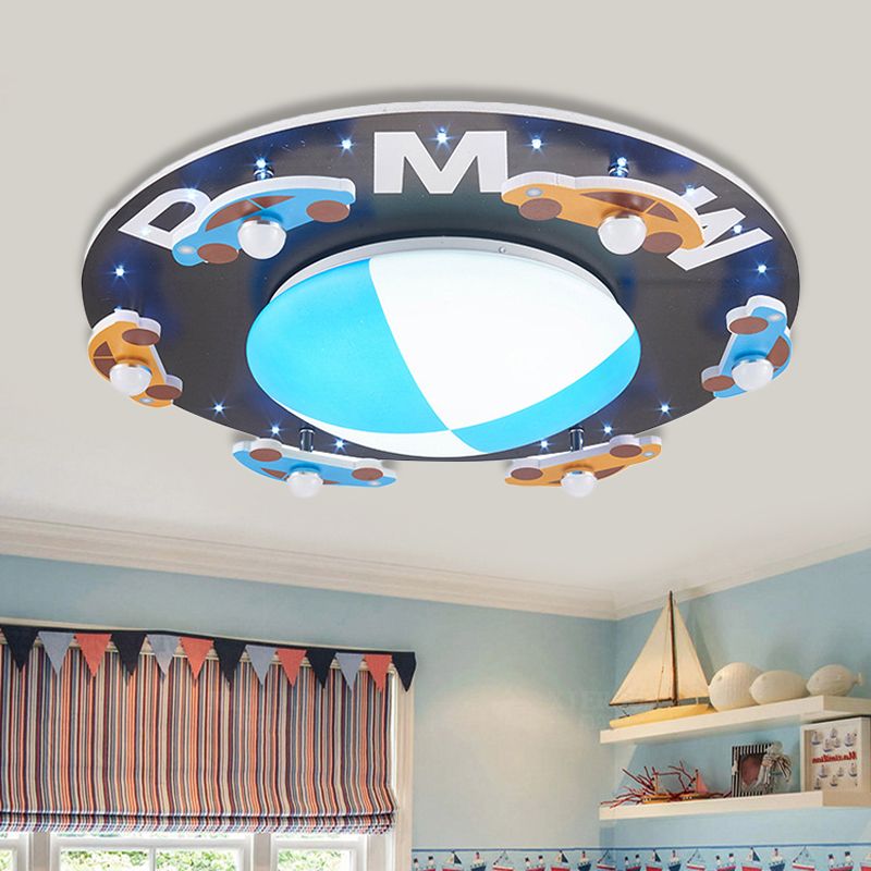 Blue Circle Flush Mount Light with Car Cartoon Modern Acrylic LED Ceiling Light for Boys Bedroom