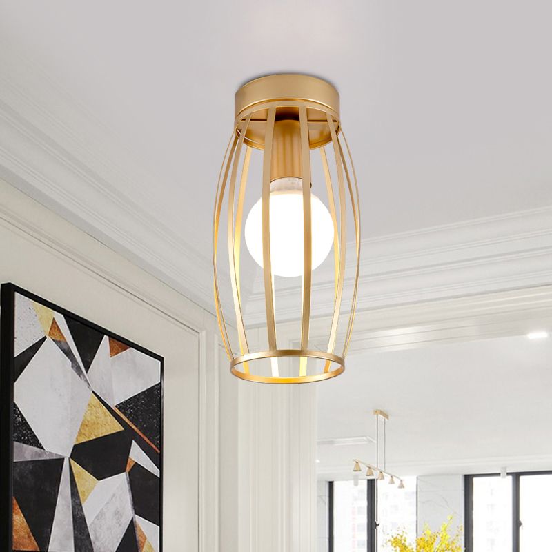 Black/Gold Finish Oval Cage Flush Mount Fixture Minimalist 1 Bulb Iron Flush Ceiling Lamp for Hallway