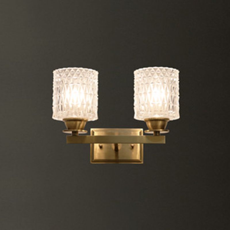 Cylinder Shaped Wall Light Fixture Contemporary Lattice Glass Brass Wall Lighting for Corridor