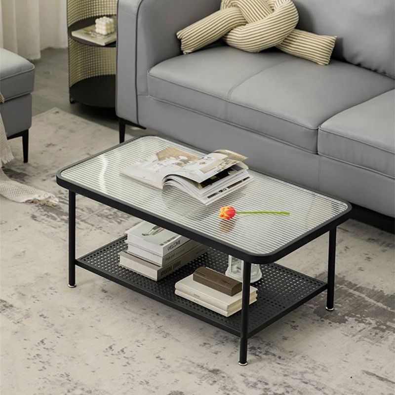 4 Legs Coffee Table Contemporary Glass Top Coffee Cocktail Table with Shelf