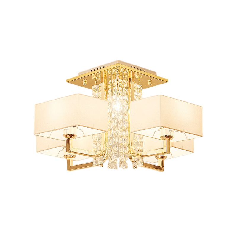 Modern Rectangle Ceiling Light Fabric and Metal Multi Light Semi Mount Lighting with Clear Crystal Deco in White, 23"/32.5" W