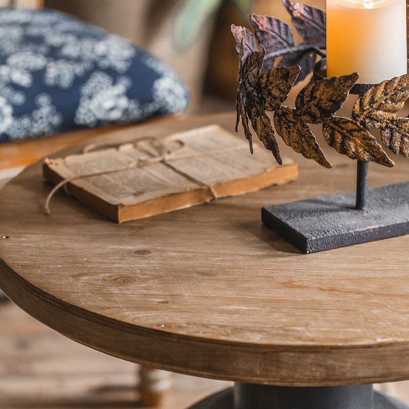 French Country Round Wood Side Table Distressed Wood & Metal Pedestal End Table