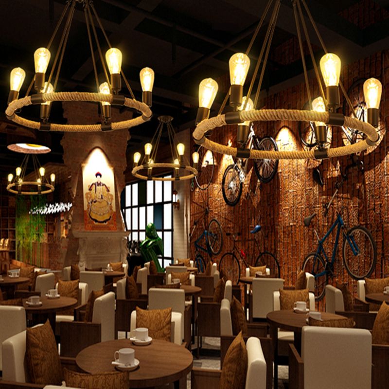 Anillo envuelto cáñamo de cáñamo lámpara colgante restaurante vintage restaurante colgante de luz en lino