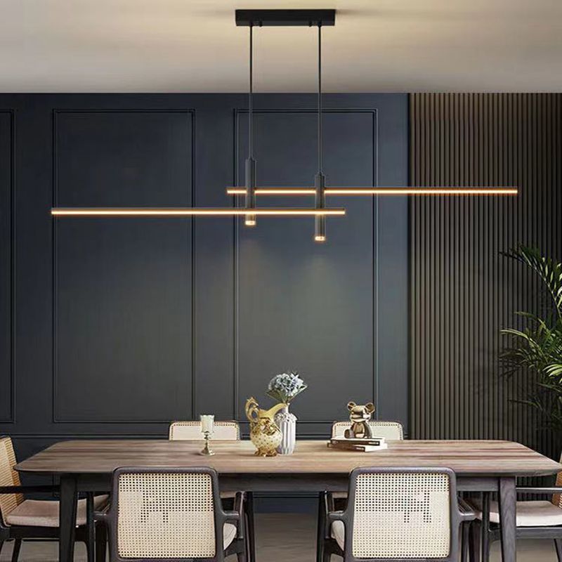 Minimalist Linear Island Chandelier Light Metal Dinning Room LED Hanging Chandelier in Black