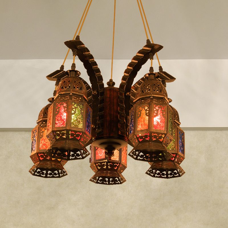 Lantern Metallic Chandelier Pendant Lamp Vintage 5 Bulbs Restaurant Hanging Light Fixture in Copper