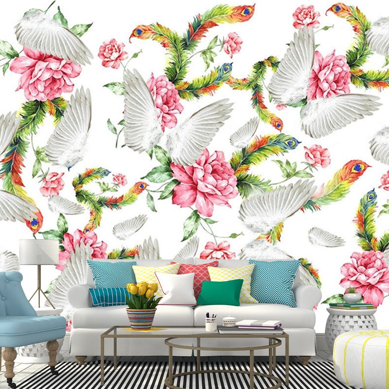 Pink-Green Wing Murals Wallpaper Flower with Feather Modern Dec0rative Wall Art for Bedroom