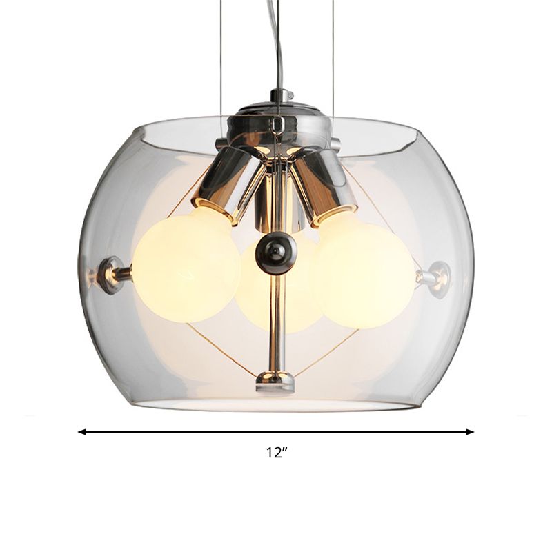 Post-modern Orb Pendant Light with Drum Shade 3 Bulbs Glass Chandelier for Study Room