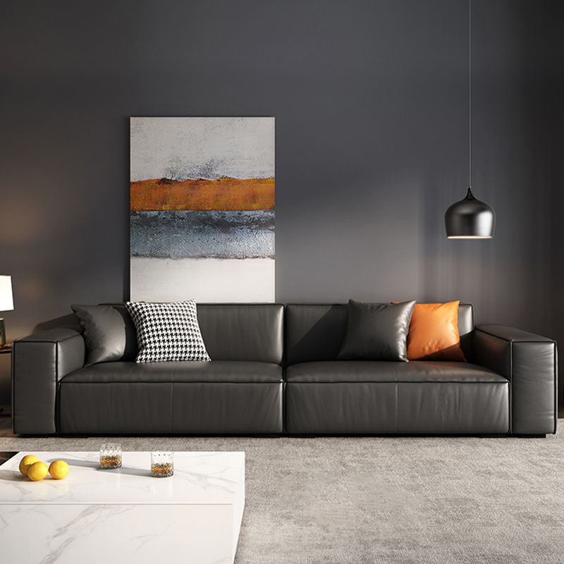 Modern Square Arm Sectional, Genuine Leather Sectional Couch in Black