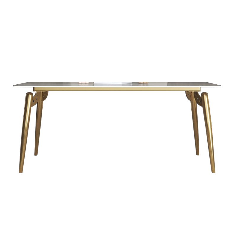 Luxury Sintered Stone Dining Table Rectangle White Table with Metal 4 Legs in Gold