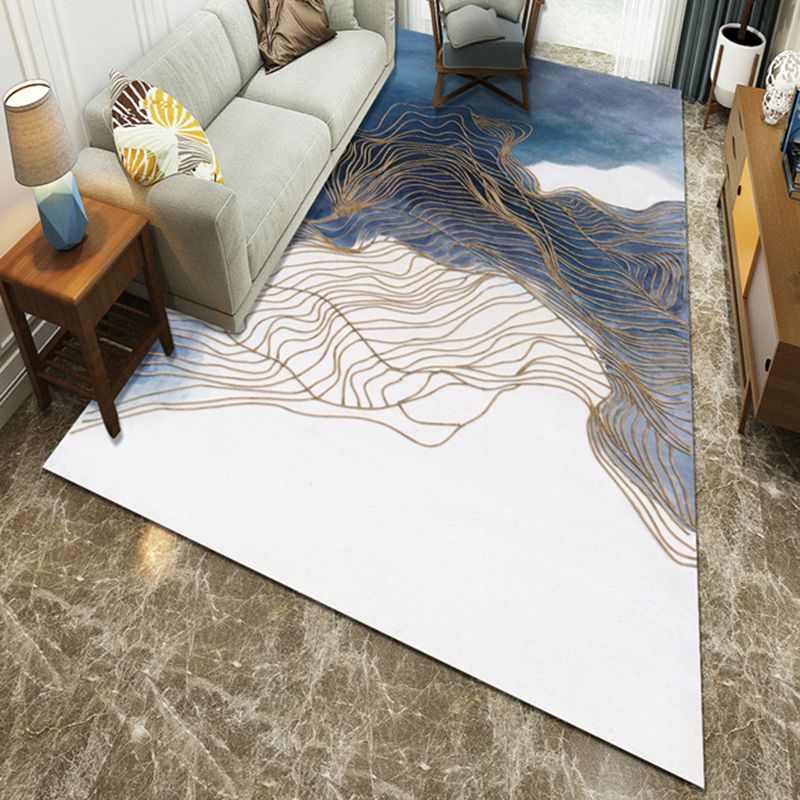Blue Ink Painting Modern Style Polyester Area Rug Machine Washable Area Rug for Living Room