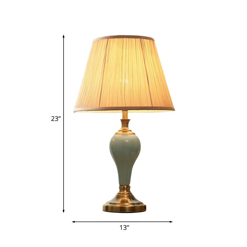 Ceramic Urn Table Lighting Vintage 1 Bulb Bedside Nightstand Light in Aqua/Beige/Silver Grey with Tapered Fabric Shade