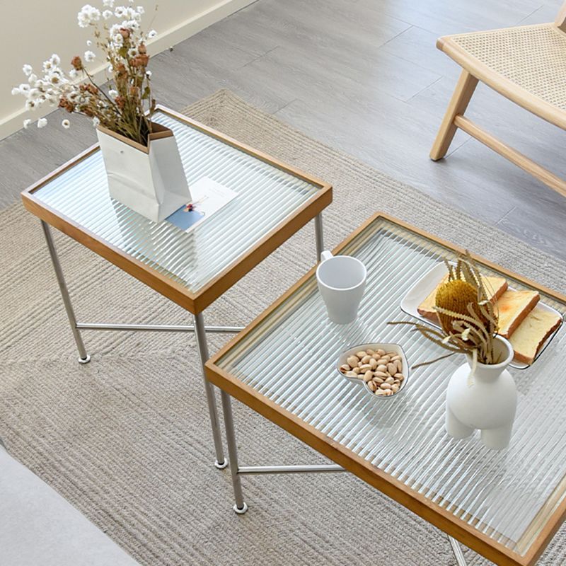 Scandinavian Glass Coffee Table with Wood Accents Cross Legs Cocktail Table