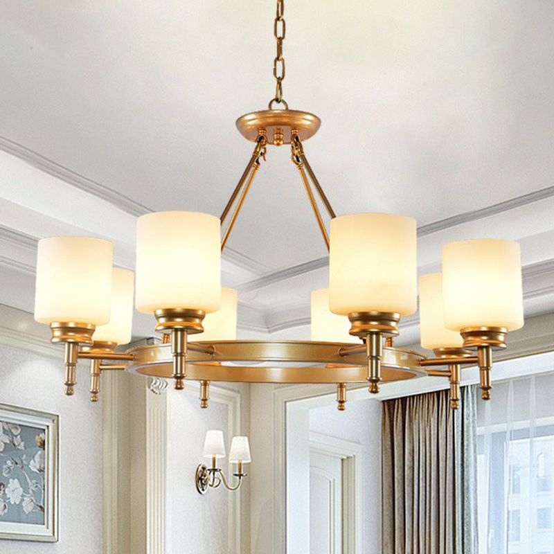 Retro Cylinder Shaped Chandelier Light Opal Glass Pendant Light Fixture for Living Room
