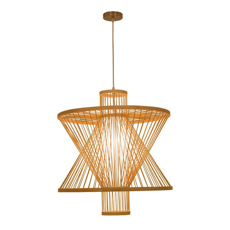 Sandglass Shaped Down Lighting Asian Bamboo 1 Bulb Dining Room Pendant Light in Wood
