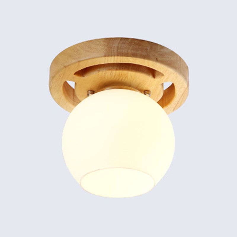 Milky Glass Dome Flush Light Simplicity Wood Ceiling Mount Lighting for Living Room