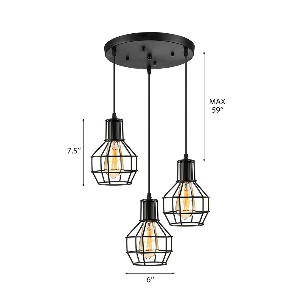 3/7 Heads Hanging Lamp Vintage Global Cage Shade Metallic Pendant Lighting with Round Canopy in Black