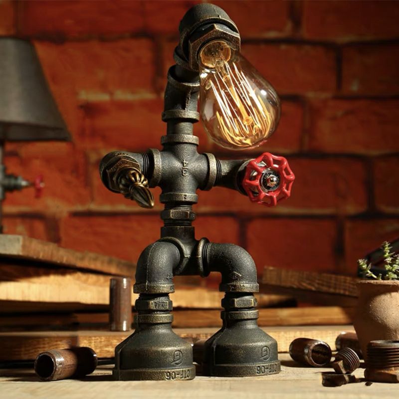 1-Light Wrought Iron Table Lamp Industrial Antiqued Brass Piping Bedroom Night Light