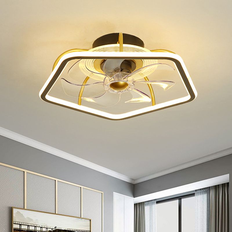 Pentagon Semi Flush Ceiling Light Modern Metal Black/Gold LED Hanging Fan Light with 7 Blades, 18.5" Width