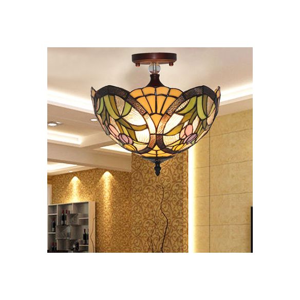 Lampada da semi-incasso in vetro colorato Tiffany vittoriano da 12"/16" con ciotola a semi-incasso in blu/blu-bianco/verde-giallo per soggiorno