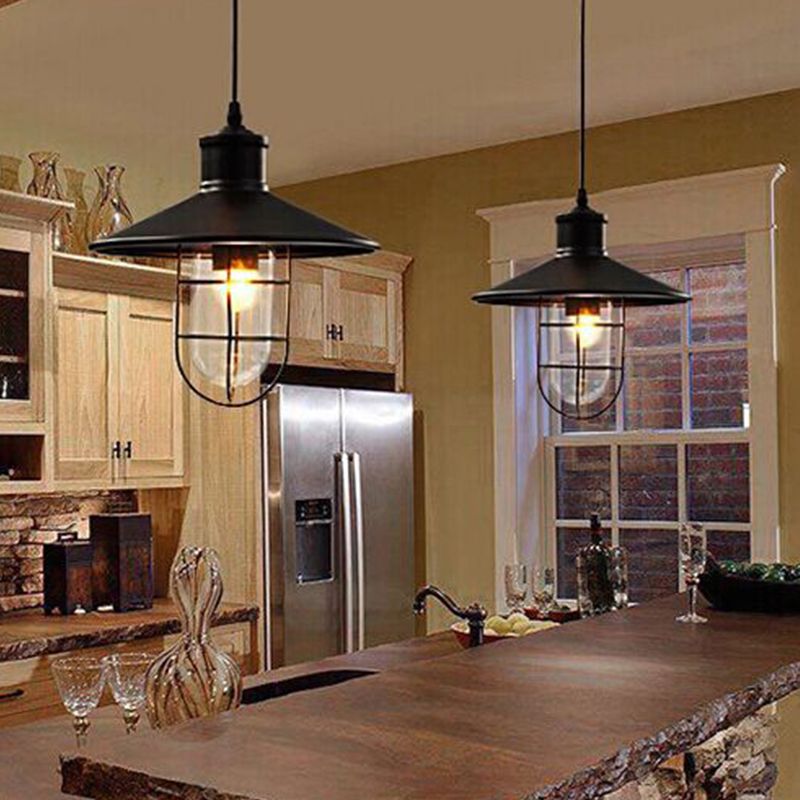 Saucer Dining Room Pendulum Light Rustic Iron 1 Bulb 10.5"/14" Wide Black Pendant Lamp with Extra 2-Shade Guard