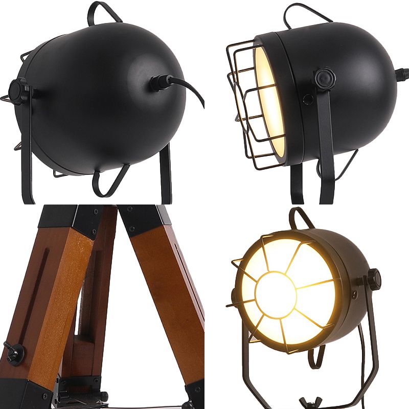 Lampada da scrivania industriale Loft con paralume a campana con treppiede 1 testa Lampada da tavolo piccola in metallo e legno in marrone