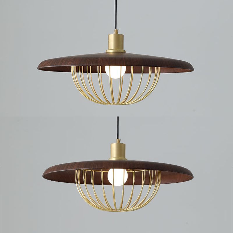 1-licht houten eenvoud hangend licht met gouden ijzeren kooi schaduw moderne stijl slaapkamer verlichting armatuur