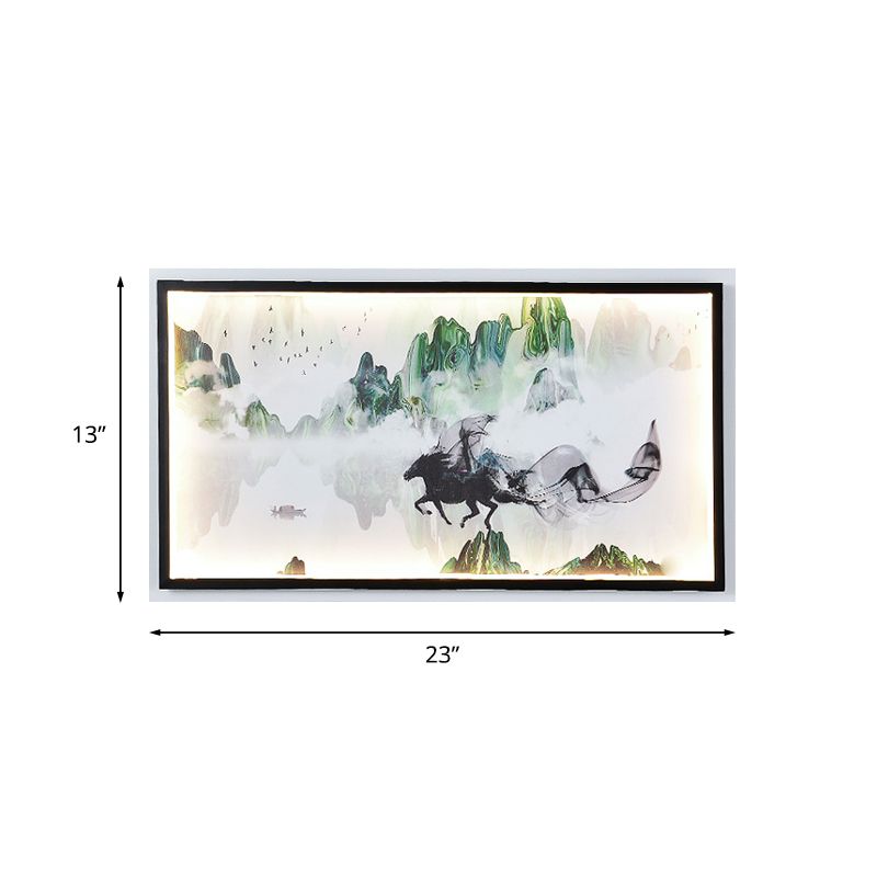 Chinese Steed and Landscape Mural Lamp Fabric Parlor LED Wall Mounted Lighting in Black