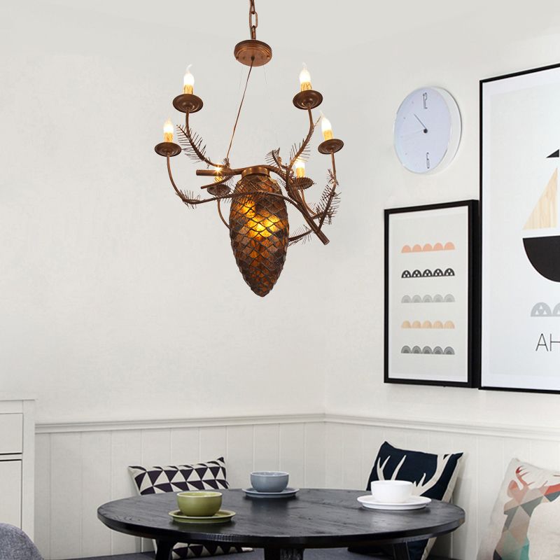Metal Coffee Pendant Lamp Pinecone 9 Lights Rustic Chandelier Light Fixture for Dining Room