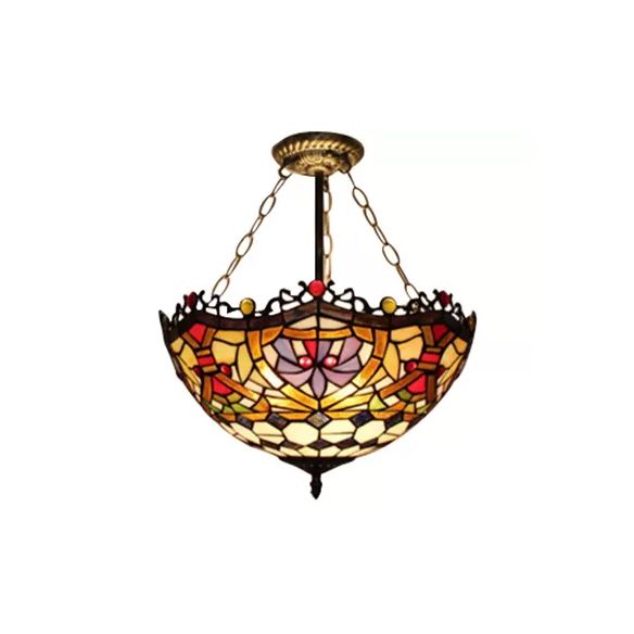 12"/16" Wide Victorian Design Bowl Ceiling Fixture Tiffany Style Stained Glass Semi Flush Mount Light in Red/Purple/Brass/Orange-Blue/Orange-Purple for Villa