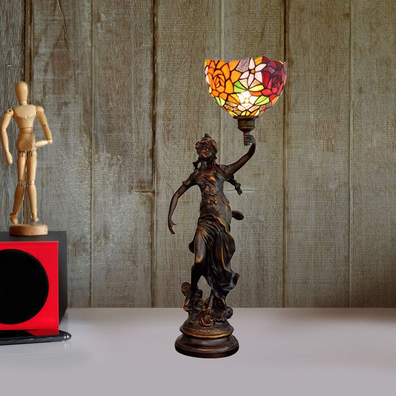Angel Statue Night Stand Light Single White-Green/Orange/Green Floral Glass Tiffany Table Lighting in Bronze