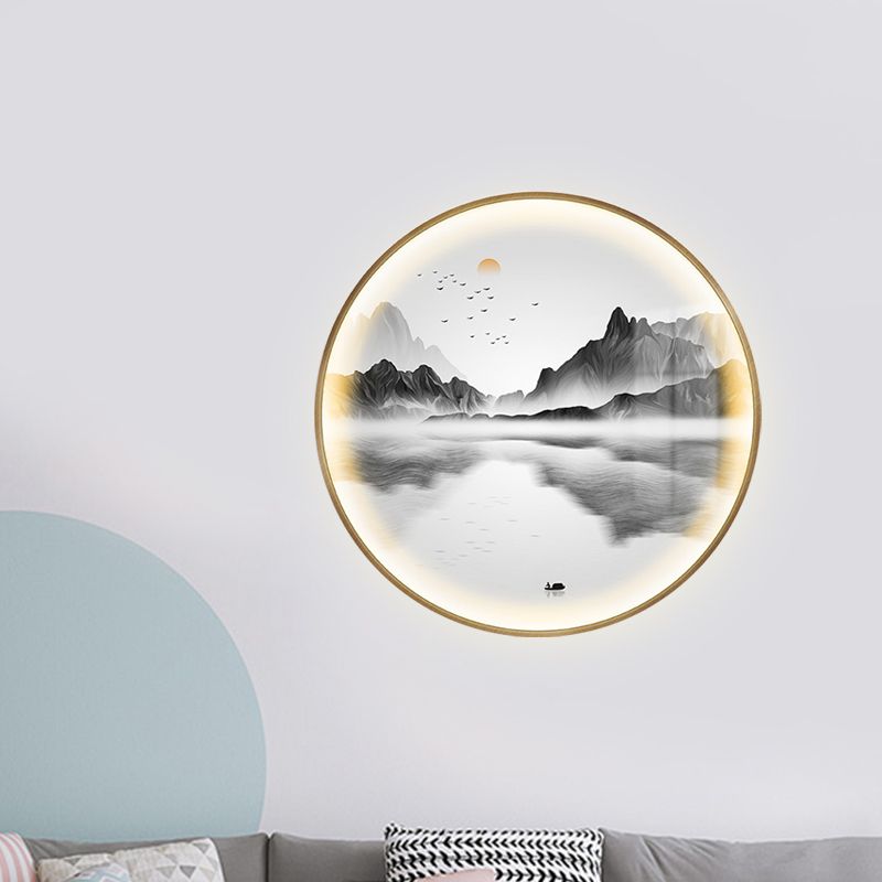 Asia Style Round Metal Wall Mounted Lamp LED Wall Mural Light in Gold with River and Mountain Pattern