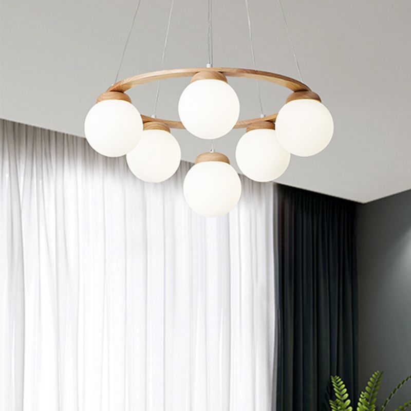 Houten cirkelvormige kroonluchter eenvoud hangend licht met bol wit glazen schaduw