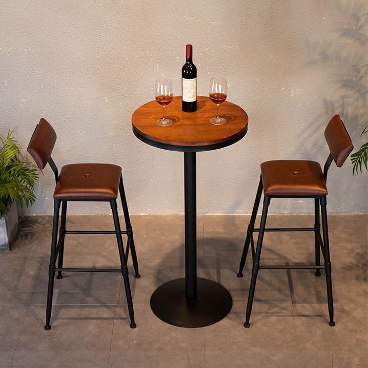 Round Wooden Pub Table Industrial Brown Bistro Bar Table with Metal Pedestal