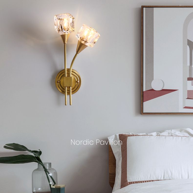 2-Light Gold Wall Lamp in Modern Luxury Style Copper Wall Sconce with Crystal Shade