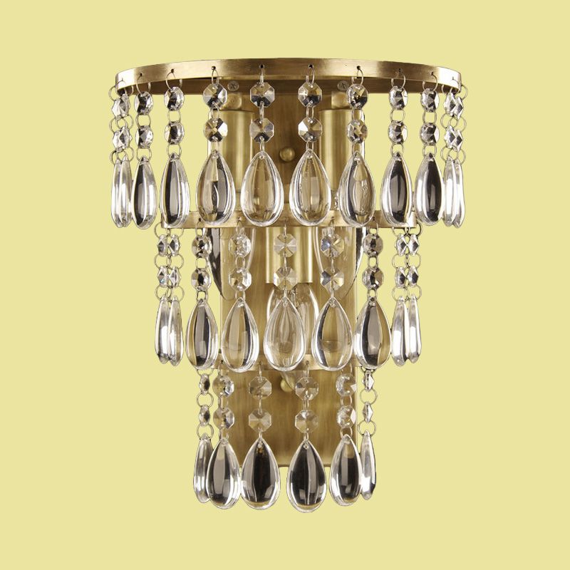 3-Head Crystal Drip Sconce Light Fixture Rustic Brass Layered Bedside Wall Mounted Light