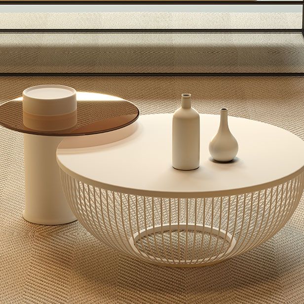 Modern Round Drum Coffee Table Metal Cocktail Table in White