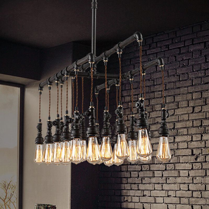 Industrial Plumbing Pipe LED Hanging Lamp Iron Island Chandelier Light in Black for Restaurant