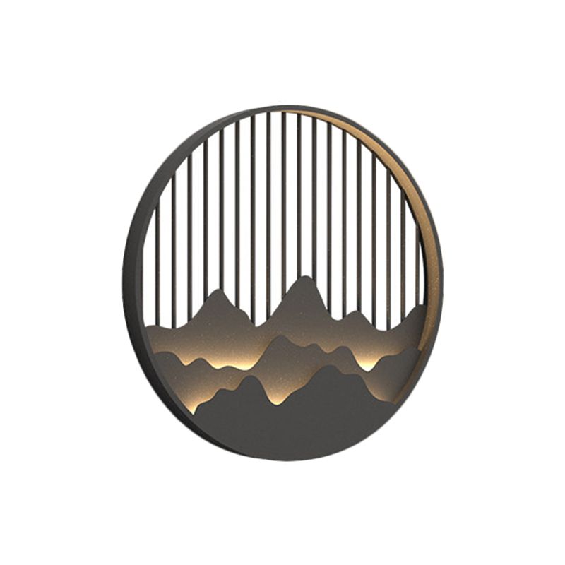 Round Mountain Wall Sconce Asian Style Metallic LED Black Wall Mural Mount Lighting Fixture