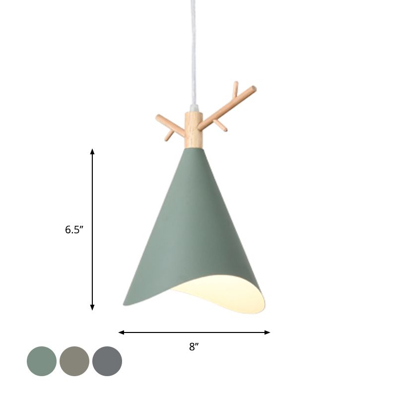 Iron Waveform-Edge Conic Ceiling Light Nordic 1 Head Green/Grey/White Hanging Pendant with Wood Antler Top