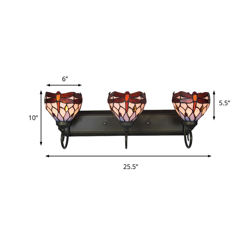 3 Lights Dragonfly Wall Lighting Stained Glass Lodge Vanity Light in Antique Brass for Bathroom