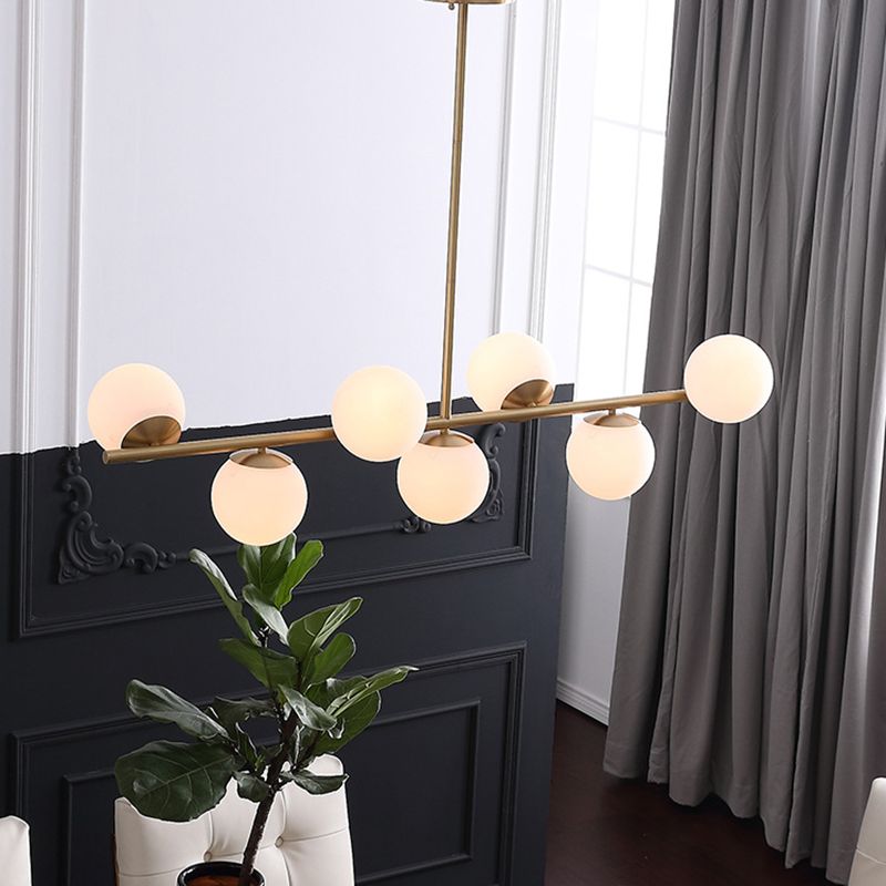 7 Light Modern Gold Metal Island Pendant Lighting Spherical White Glass Island Ceiling Light for Dining Table